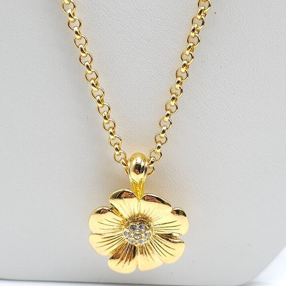 Joan Rivers Gold Tone Flower Pendant Necklace With Clear Rhinestones Dahlia - Picture 2 of 5